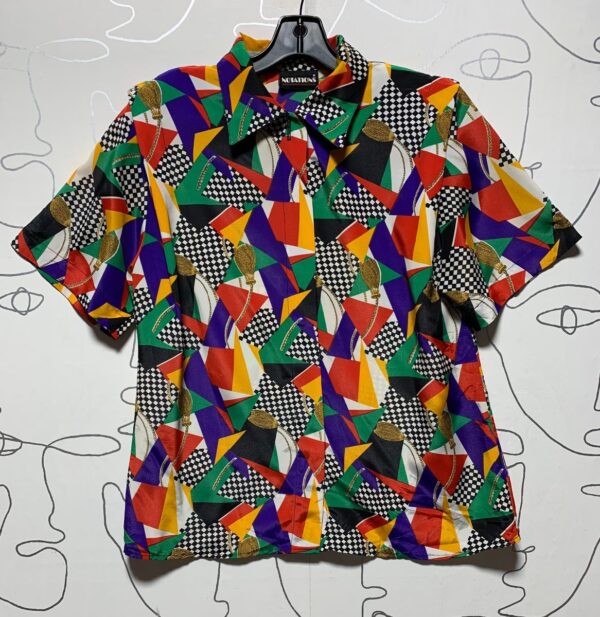 product details: 1980S SUPER FUNKY CHECKERED PATTERN SHORT SLEEVE BUTTON UP W/ SHOULDER PADS photo