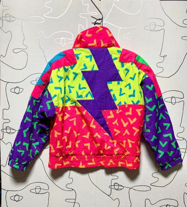 product details: RAD 1980S YOUTH ABSTRACT PRINT NEON DAY-GLOW SKI JACKET LIGHTNING BOLT DESIGN SMALL FIT photo