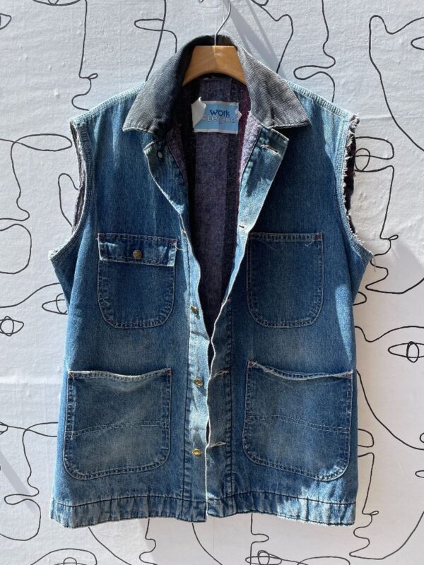 product details: MID LENGTH COLLARED DENIM VEST WITH FLEECE LINING photo