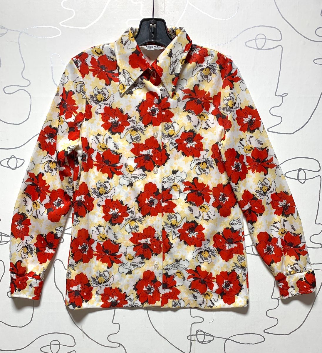 Late 1960s, Early 70s Polyester Button Up Blouse Flower Print ...