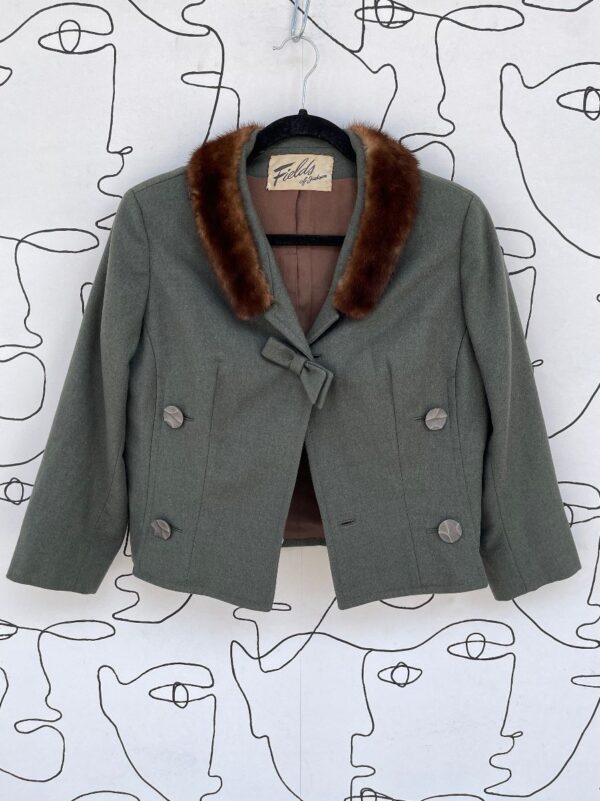 product details: AS IS - 1950S-60S SOLID WOOL JACKET W/ BOW CENTER & MINK FUR COLLAR photo