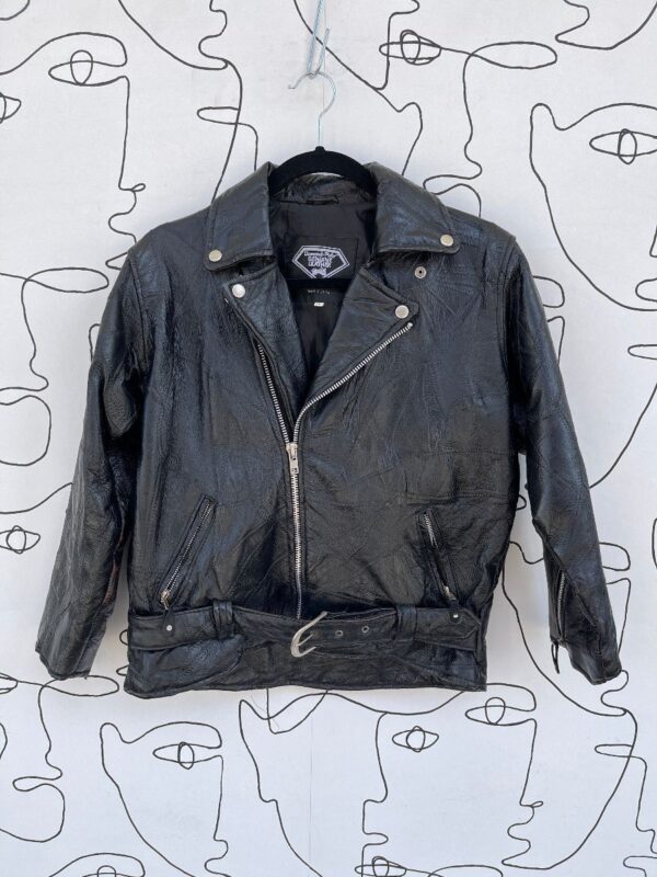 product details: LEATHER PATCHWORK BELTED MOTO STYLE ZIP UP JACKET photo