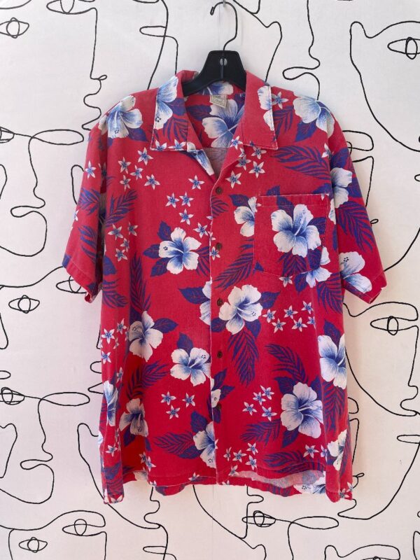 product details: AS-IS CLASSIC COTTON HAWAIIAN HIBISCUS PRINT BUTTON UP SHIRT photo