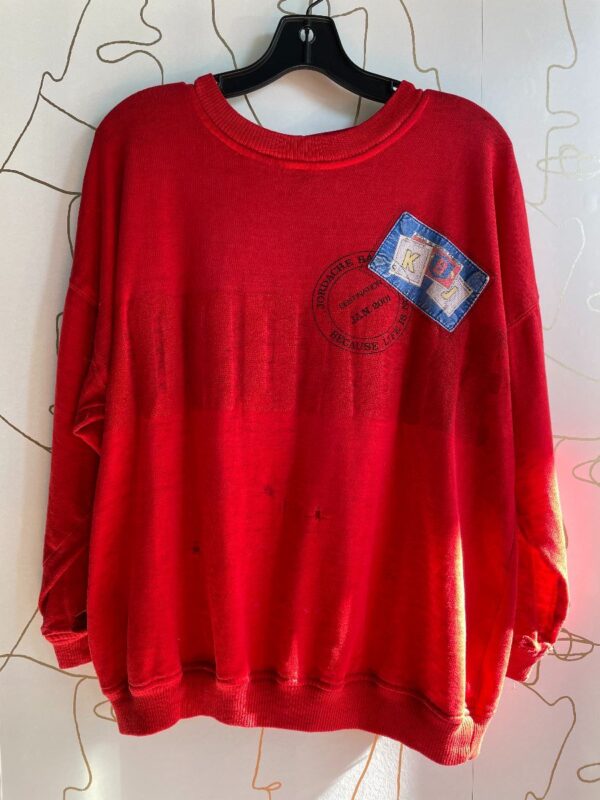 product details: FUN DISTRESSED JORDACHE LONGSLEEVE CREWNECK WITH PATCHWORK DETAILING photo