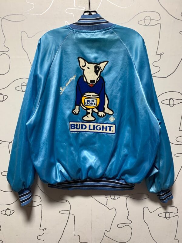 product details: SPUDS MACKENZIE BUD LIGHT SATIN BUTTON UP JACKET W/ PARTY ANIMAL BACK GRAPHIC AS-IS photo