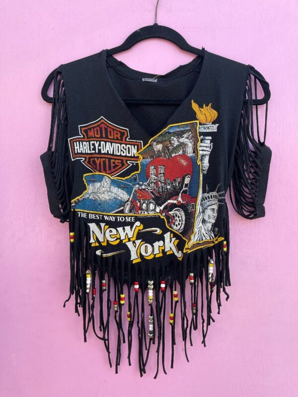 product details: CUSTOMIZED & REWORKED CROPPED FRINGE TOP HARLEY DAVIDSON NEW YORK SUPER CYCLES STATEN ISLAND photo