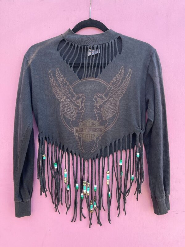 product details: AWESOME RECONSTRUCTED CROPPED & FRINGE LONG SLEEVE HARLEY DAVIDSON TOP- VENTURA, CALIFORNIA photo