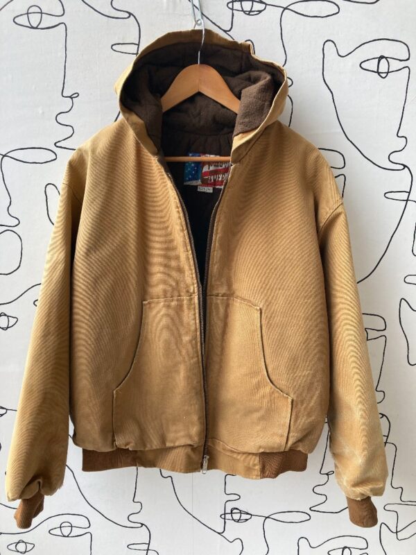 product details: CARAMEL CANVAS HOODED ZIPPER FRONT BOMBER JACKET QUILTED LINING photo