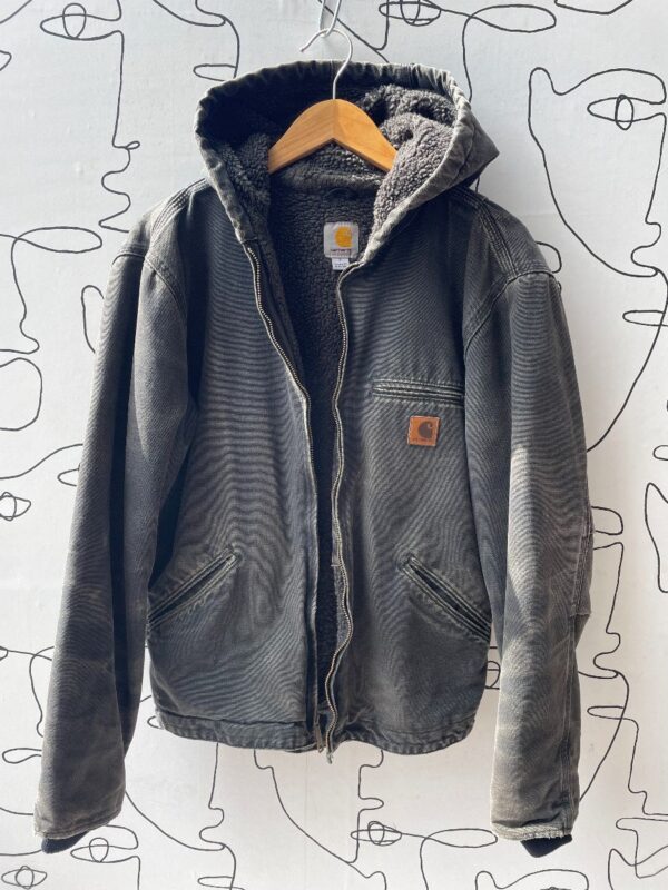 product details: FADED BLACK DENIM HOODED ZIPPER FRONT JACKET FAUX SHERPA LINING photo