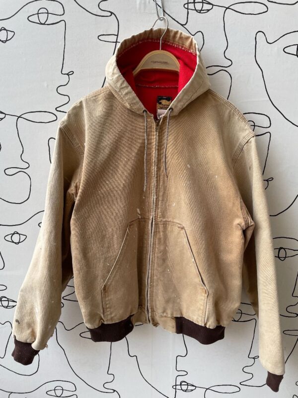 product details: TAN CANVAS HOODED ZIPPER FRONT JACKET RED LINING SMALLER FIT photo