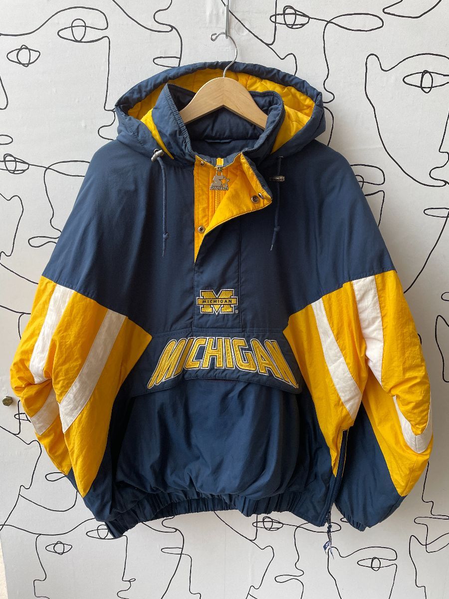1990s Starter Jacket University Of Michigan Half Zip Puffer Hooded