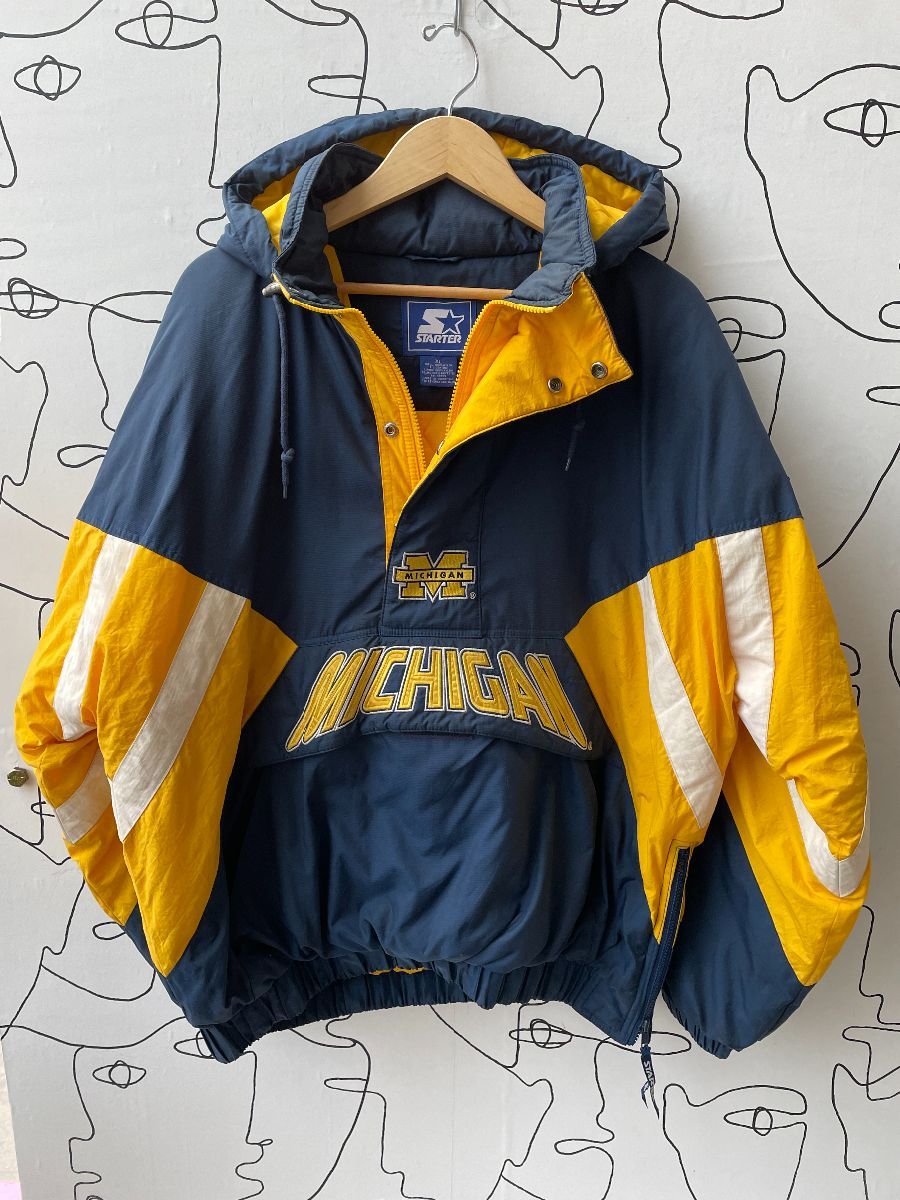 1990s Starter Jacket University Of Michigan Half Zip Puffer Hooded 
