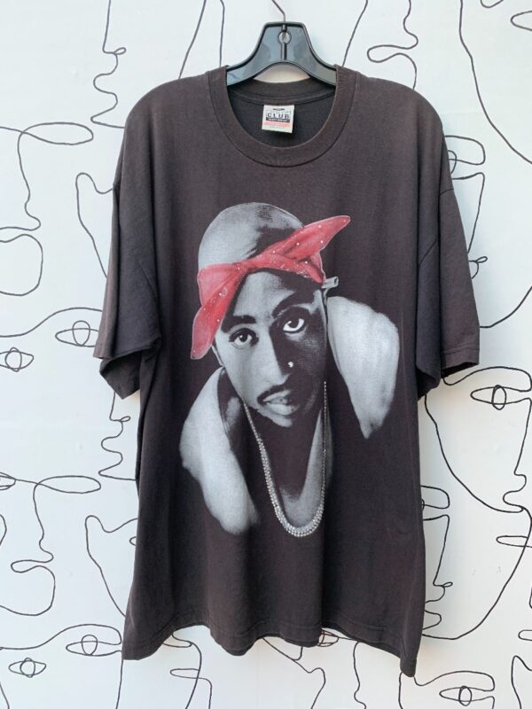 product details: TSHIRT TUPAC RED BANDANA RHINESTONED LARGE ALLOVER GRAPHIC MADE IN USA photo
