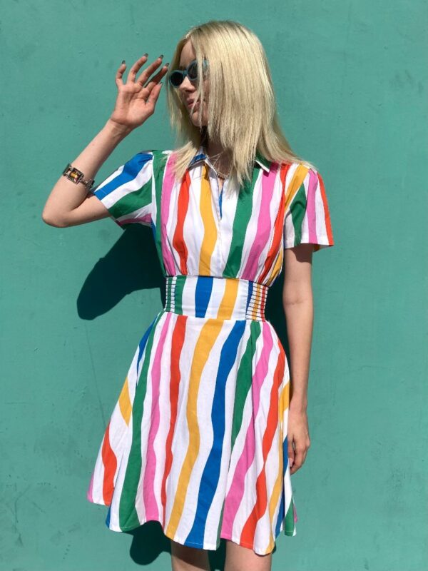 product details: CUTE BRIGHT SWIRLY STRIPED SHORT SLEEVE COLLARED COTTON DRESS W/ WIDE ELASTIC WAIST photo