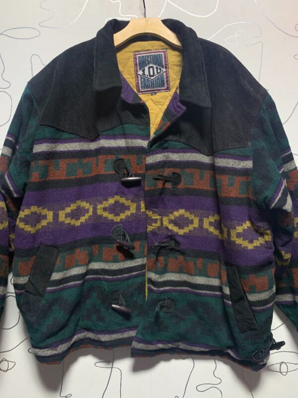 product details: 1980S OVERSIZED THICK WOOL &AMP; SUEDE PANELED SOUTHWESTERN DESIGN JACKET W/ HORN TOGGLES photo