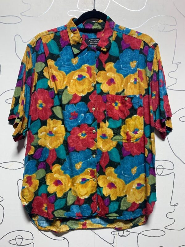 product details: AS-IS FLORAL PAINTERLY PRINT SHORT SLEEVE BUTTON UP RAYON SHIRT photo