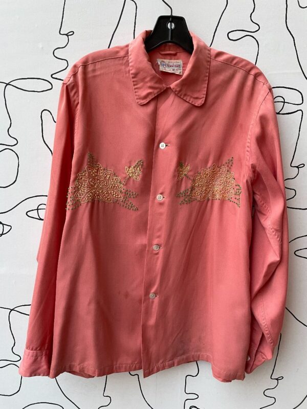 product details: AS-IS AMAZING 1950S-60S BEADED &AMP; EMBROIDERED LOTUS FLORAL DESIGN LONG SLEEVE BUTTON UP SHIRT photo