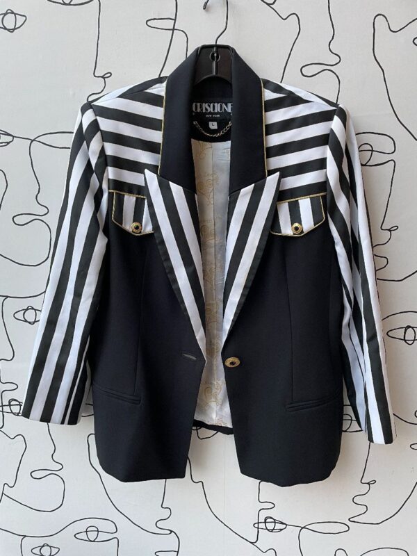 product details: AWESOME 1990S STRUCTURED STRIPED BLAZER W/ PRINTED LINING & JEWEL BUTTONS photo