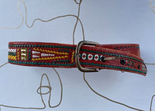product details: RAD RED LEATHER TRIBAL STITCHED BELT BRASS BUCKLE photo