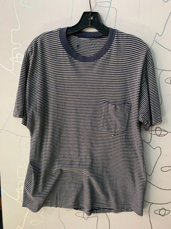 product details: AS-IS THIN STRIPED DISTRESSED PAPER THIN CREW NECK POCKET RINGER TEE SINGLE STITCHED T-SHIRT photo