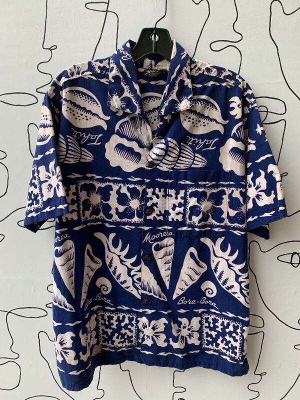 product details: AS-IS VINTAGE COTTON 1960S HAWAIIAN SHIRT INDIGO CONCH PRINT photo