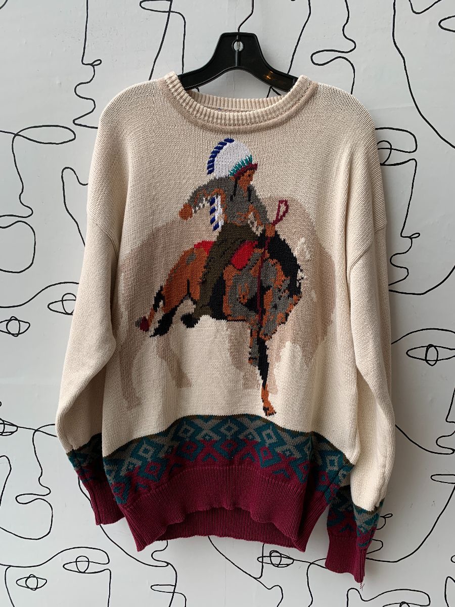 1990S HAND INTARSIA KNIT SWEATER NATIVE AMERICAN PICTORIAL