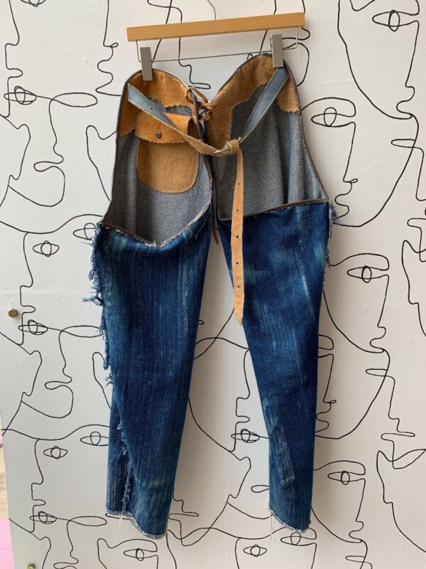 product details: AMAZING ONE OF KIND HAND MADE DENIM CHAPS WITH LEATHER BELT & TRIMMINGS photo