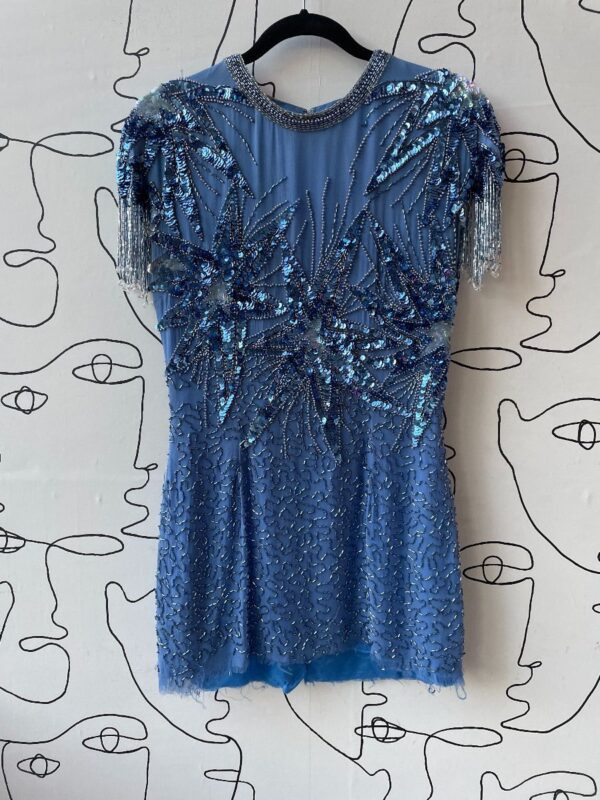 product details: BLUE 1980S ALL OVER SEQUIN BEADED FIREWORK MOTIF MINI DRESS FRINGE SLEEVES photo