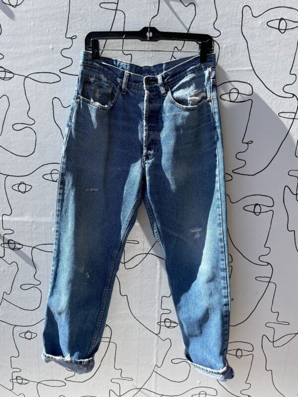 product details: 1990S PERFECT WASH DISTRESSED DENIM JEANS photo