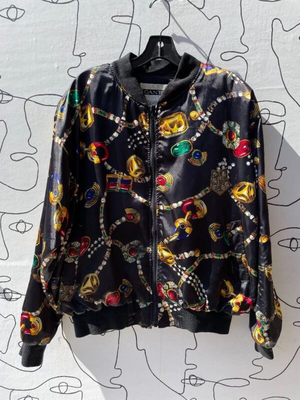 product details: AS-IS AMAZING ALLOVER JEWEL PRINT SILKY BOMBER JACKET photo