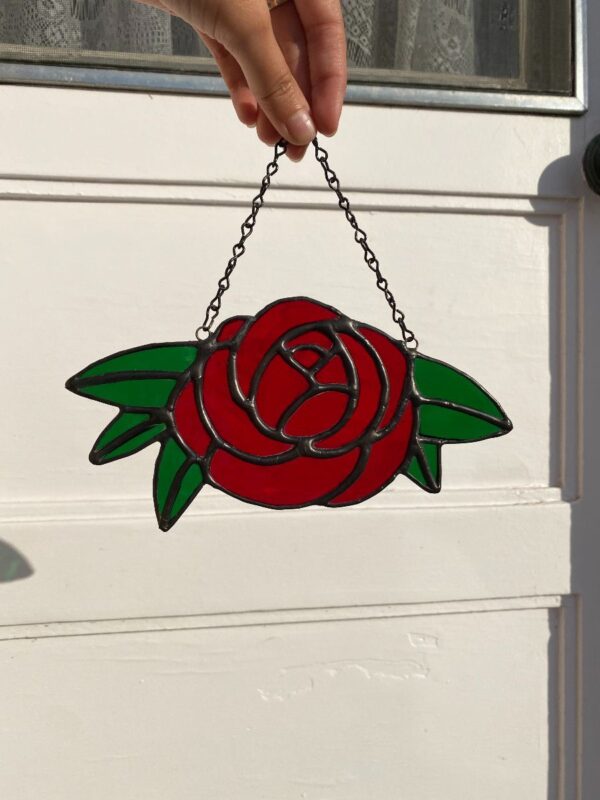 product details: RED STAINED GLASS ROSE HANGING WALL DECOR *LOCAL ARTIST photo