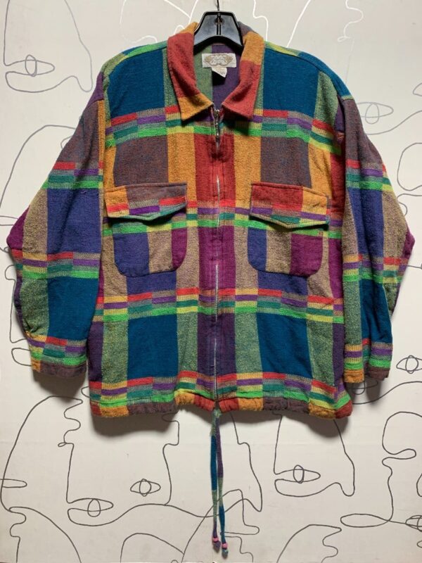 product details: 1990S COLLARED PATCHWORK ZIP UP FLANNEL JACKET SIDE POCKETS DRAWSTRING photo