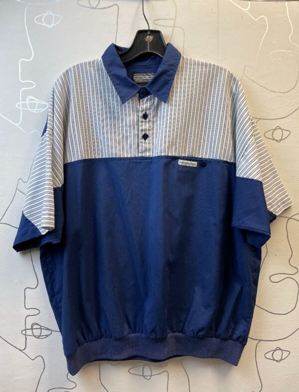 product details: COLOR BLOCK VERTICAL STRIPED COLLARED WORK SHIRT SHORT SLEEVE WITH CHEST POCKET photo