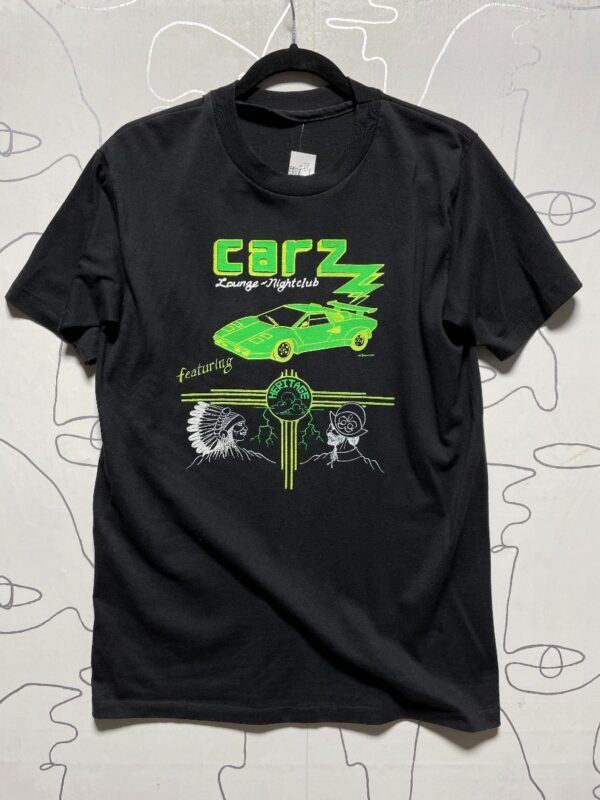 product details: T-SHIRT CARZ LOUNGE & NIGHTCLUB FEATURING HERITAGE 1990S LIME GREEN LAMBO SINGLE STITCH AS-IS photo