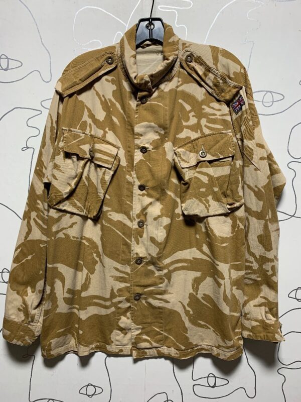 product details: MILITARY JACKET BUTTON UP SAND CAMO PRINT WITH BRITISH FLAG PATCH photo