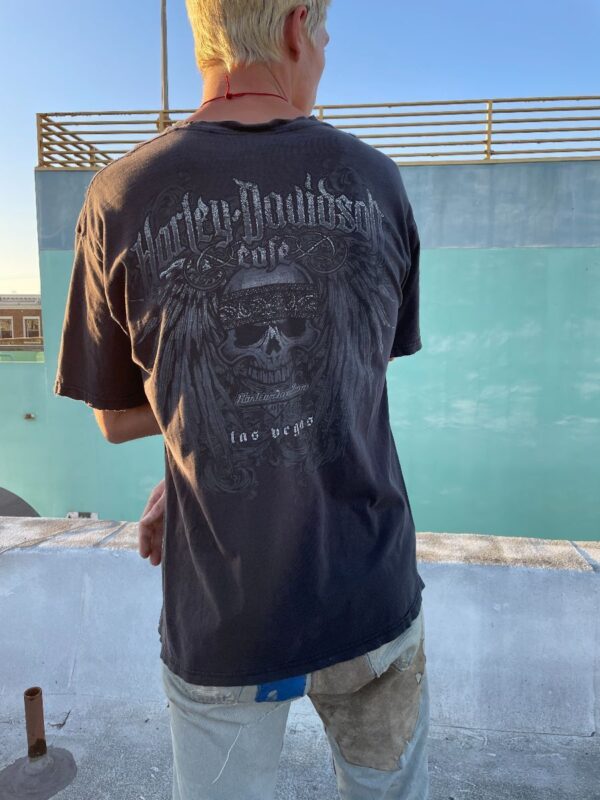 product details: BLACK FADED AND TATTERED HARLEY DAVIDSON CAFE TSHIRT AS-IS photo