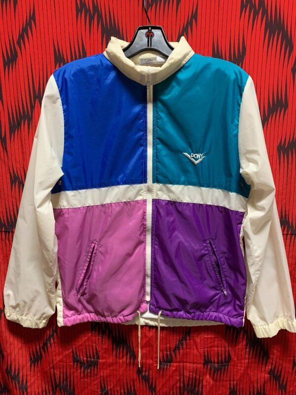 product details: COLOR BLOCKED RETRO WINDBREAKER WITH HIDEAWAY HOOD SMALL FIT photo