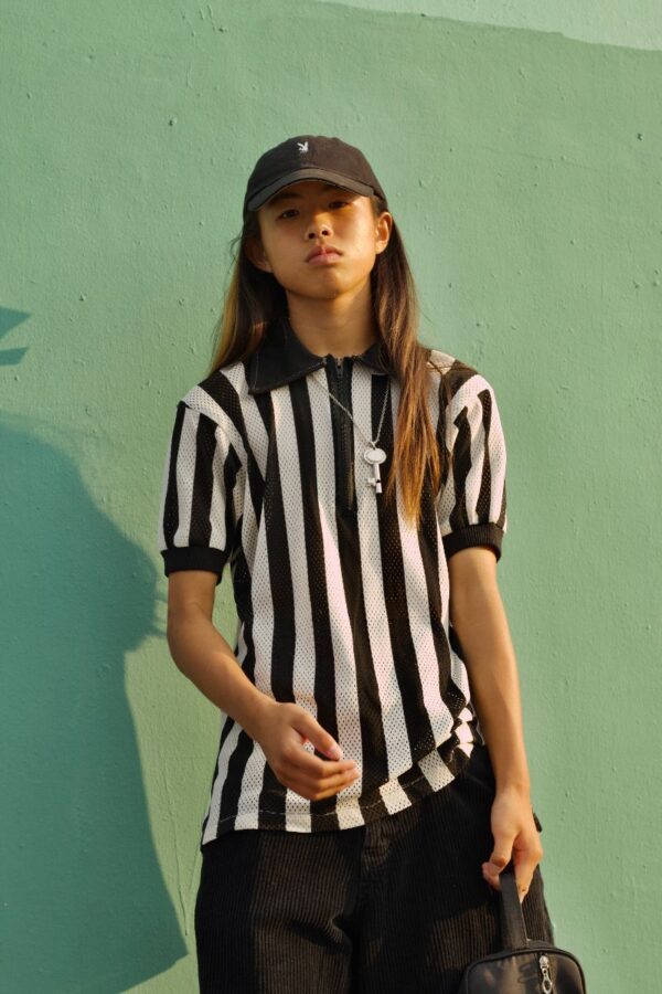 product details: RETRO REFEREE SPORTY MESH VERTICAL STRIPED COLLARED TOP photo