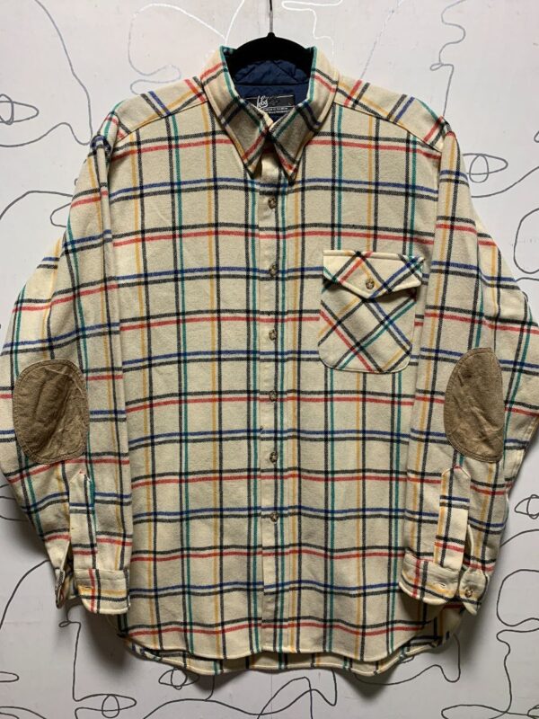product details: PENDLETON AMAZING MULTI COLORED GRID PATTERN LS BD WOOL FLANNEL SHIRT WITH LEATHER ELBOW PATCHES photo