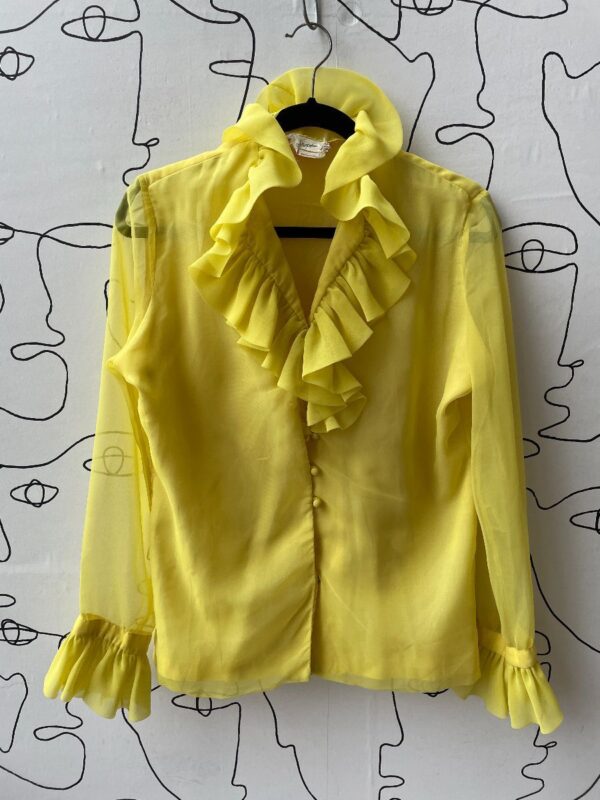 product details: 1960S SHEER RUFFLE COLLAR & SLEEVE BUTTON UP BLOUSE photo