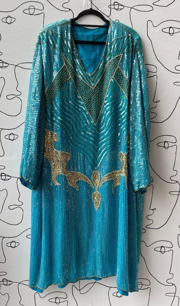 product details: 1980S FULLY SEQUINED OVERSIZED KAFTAN STYLE DRESS W/ SHOULDER PADS photo