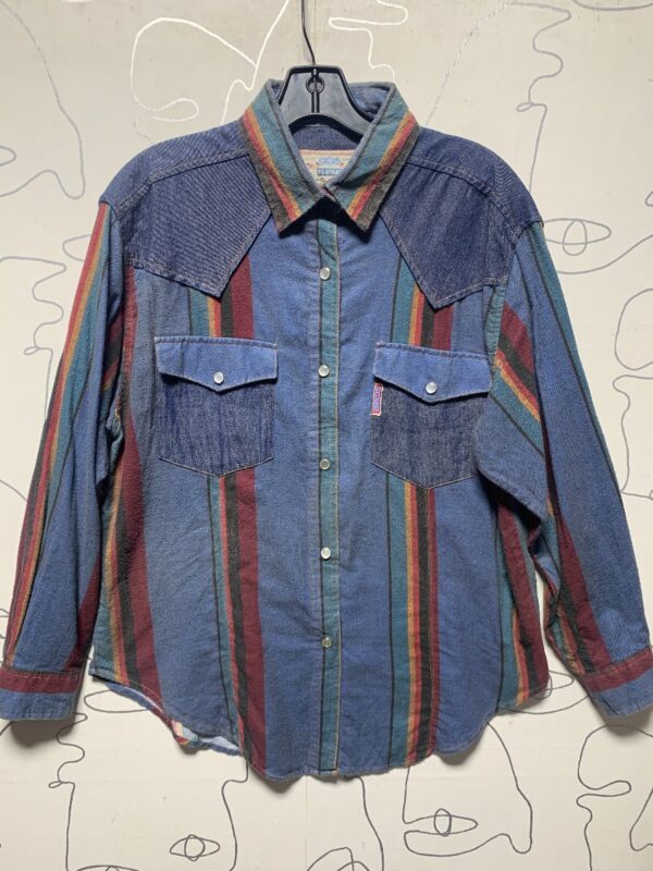 product details: 1990S WESTERN STRIPED COTTON AND DENIM SNAP BUTTON SHIRT photo