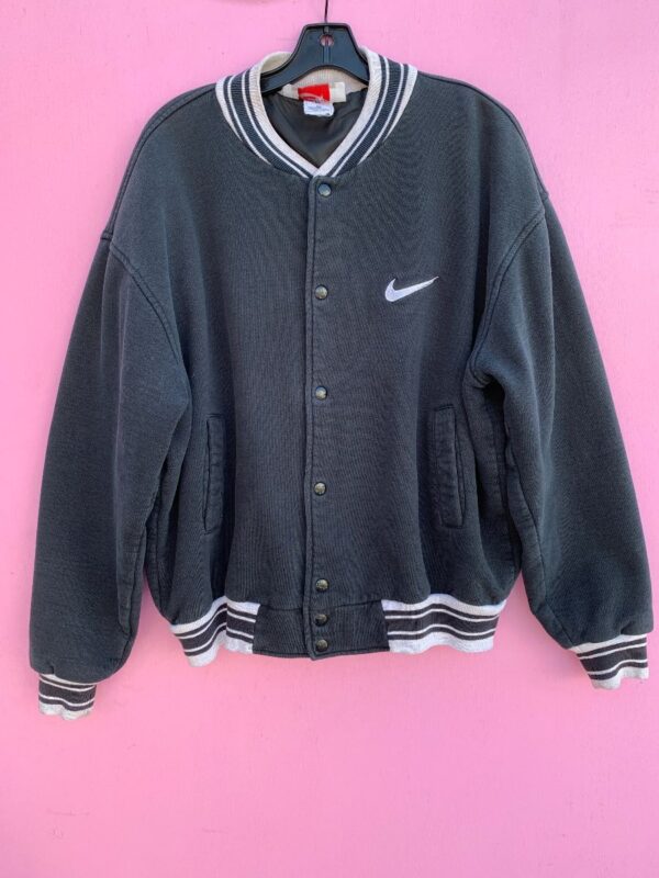 product details: RETRO NIKE GRAY TAG VARSITY COTTON FLEECE SNAP BUTTON  JACKET RIBBED CUFFS & COLLAR photo