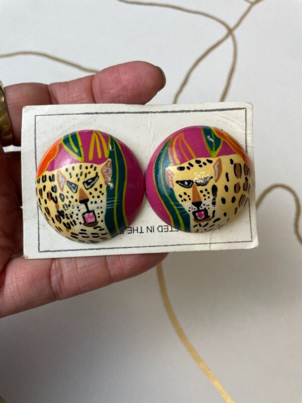 product details: 1980S LEOPARD HAND PAINTED POST EARRINGS photo