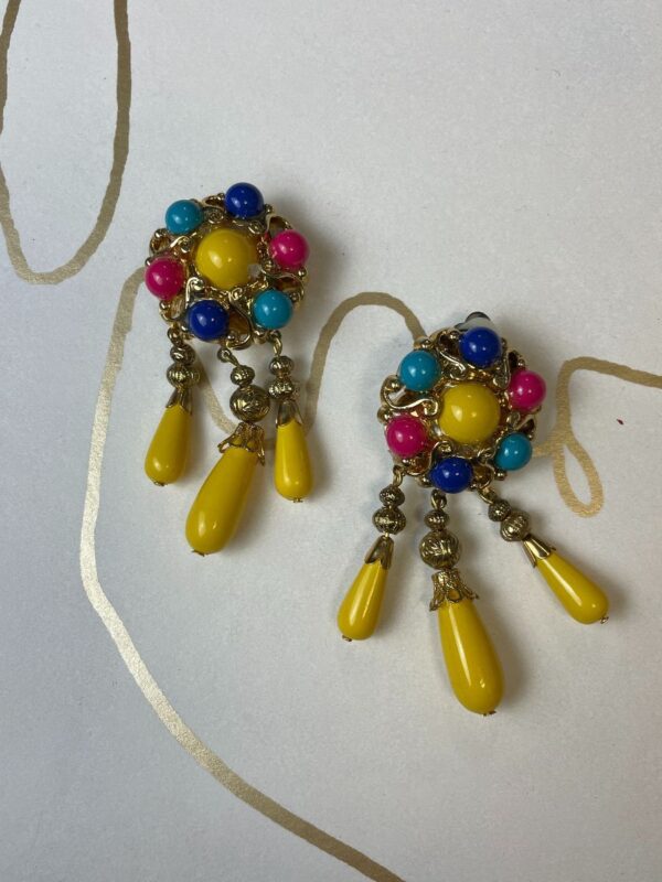 product details: GAUDY BAROQUE COLORFUL BAUBLE CLIP ON DANGLE EARRINGS photo