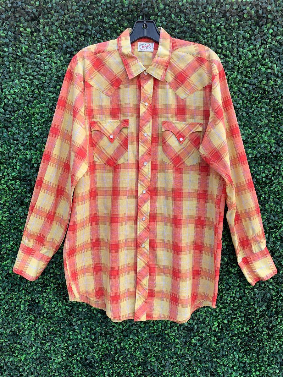 Vintage Red/White/Yellow Plaid Wrangler Shirt with Pearl Snaps