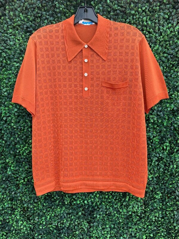 product details: 1960S BURNT ORANGE POLO STYLE SHIRT WITH PERFORATED DESIGN photo