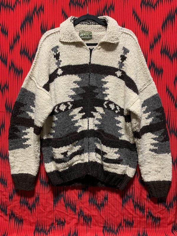product details: VINTAGE HAND MADE 100% CHUNKY WOOL ZIP UP SWEATER NATIVE DESIGN MADE IN ECUADOR photo