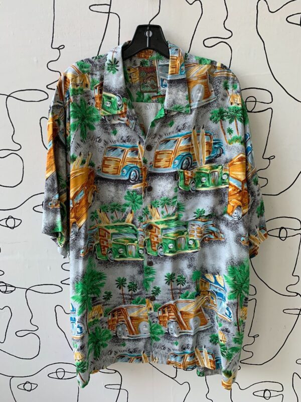 product details: 1990S SLOUCHY OVERSIZED WOODIE WAGON PRINT RAYON SHIRT photo