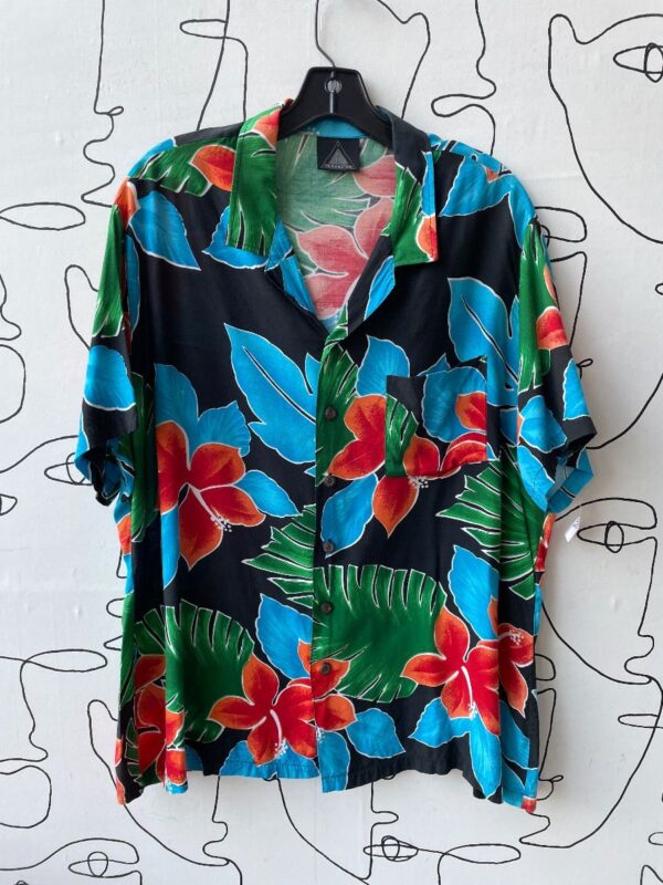 product details: 1990S BRIGHT RAYON TROPICAL PRINTED SHIRT COCONUT BUTTONS photo